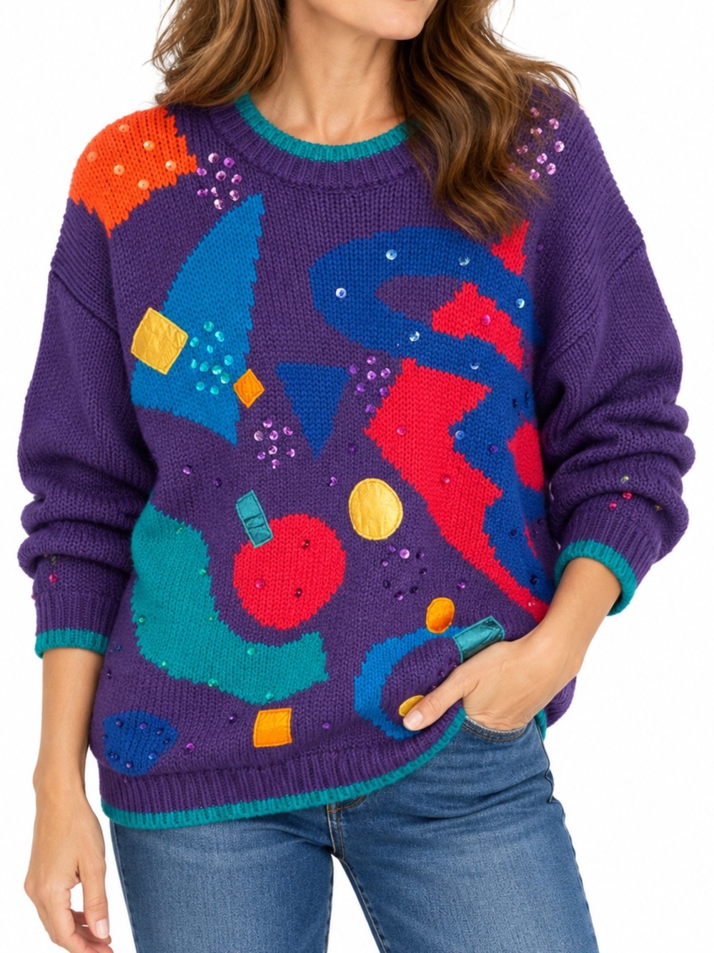 Vintage CSL Purple Abstract Geometric Embellished Sweater Size L Hong Kong